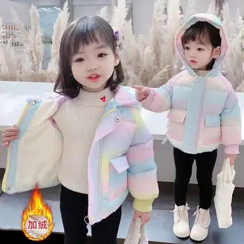 2022. gada Ziemas Modes Meitene Kokvilnas Apģērbs Salds ar Krāsaini Vizuļi Spārniem Mētelis Bērnu dūnu Jaka Top Bērnu Princese Mētelis